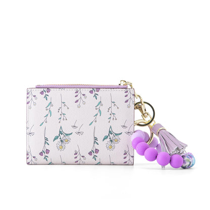 Tomolucky Direct Small Wallets for Women RFID Blocking Leather Bifold Zipper Pocket Keychain Wallet with Bracelet Flower Pattern ID Window Credit Card Holder Purse (Flower, Purple)