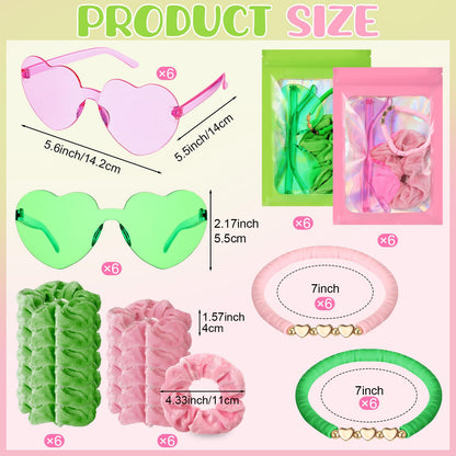 XunYee 48 Pcs Witch Theme Party Favor Supplies Pink and Green Velvet Hair Scrunchies Friendship Bracelets Sunglasses Bags 12 Set Neon Friendship Gifts for Fans Women Pink and Green Party Favors
