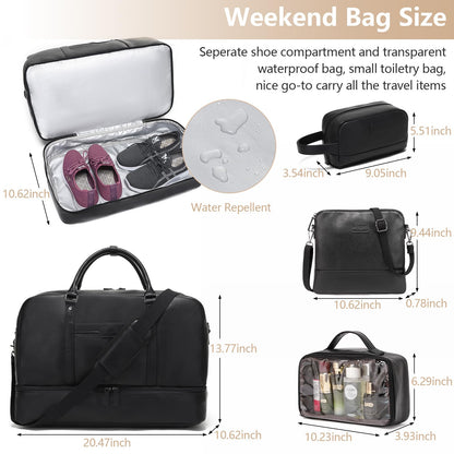 Wogarl Faux Leather Weekender Bag - Large Overnight Duffel with Shoe Compartment, Toiletry Satchel, Carry On Bag - Fit 21" Laptop (Black)