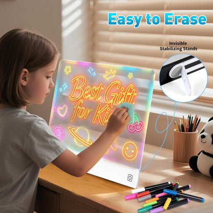 16-Inch LED Note Board Rechargeable with 7 Colors, Doodle Glow Board Neon Art Dry Erase Board Light Up Drawing Pad with Invisible Stand, Sketching Gift Toy for Kids/Girls/Teens, 12 Markers