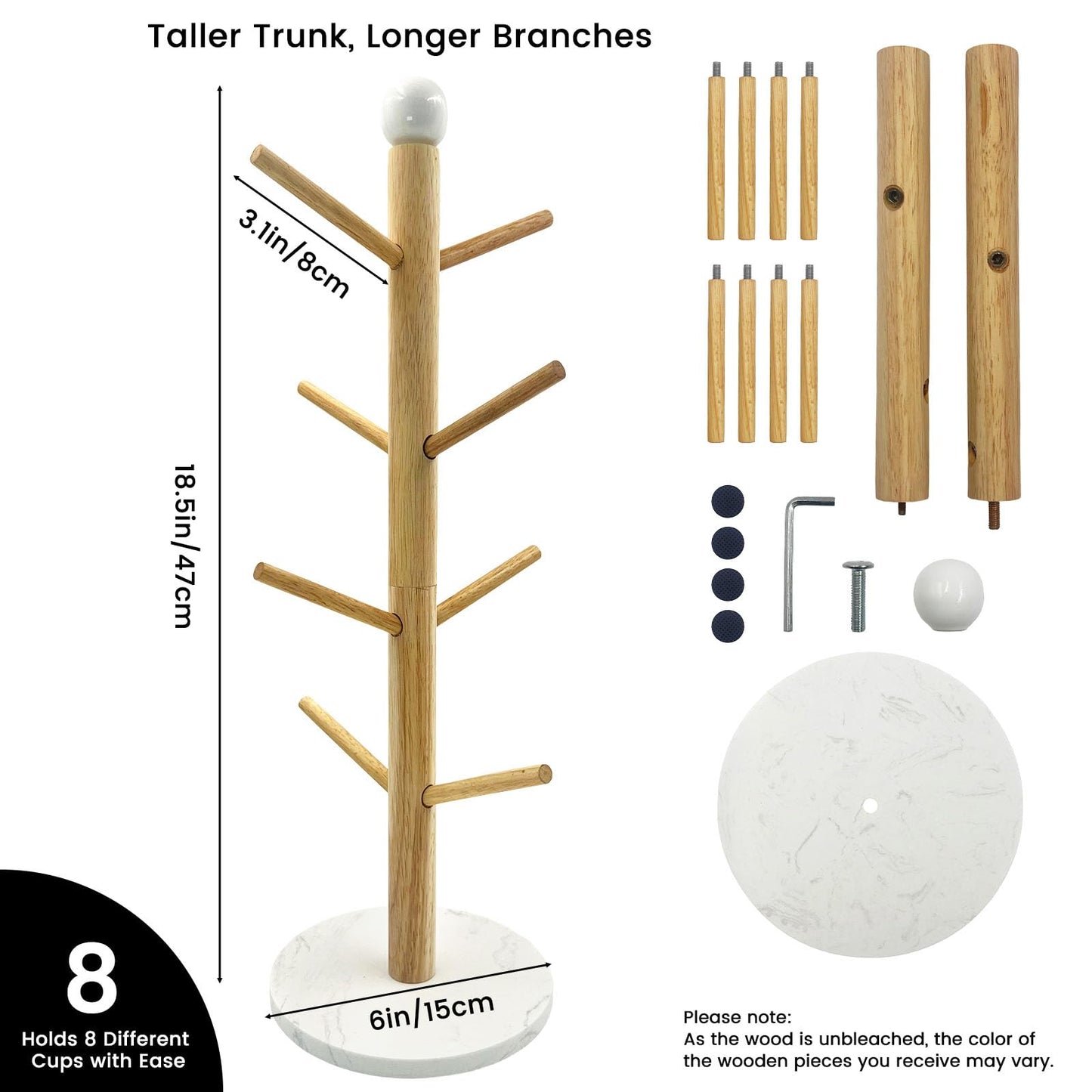 SNAIL GARDEN Screwed-in 8 Hooks Coffee Mug Holder, Marble Bas Mug Tree with Ceramic Handles, Wooden Coffee Cup Rack, Cup Stand for Counter Bar Accessories and Decor