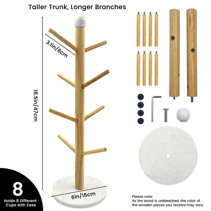 SNAIL GARDEN Screwed-in 8 Hooks Coffee Mug Holder, Marble Bas Mug Tree with Ceramic Handles, Wooden Coffee Cup Rack, Cup Stand for Counter Bar Accessories and Decor