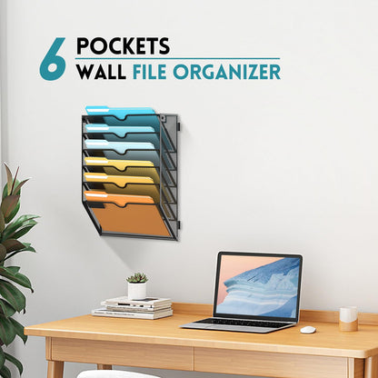 SUPEASY 6 Tier Wall File Organizer, Hanging Wall Mounted Mail Organizer with Label Slots, Metal Mesh File Holder Magazine Rack for Office, Home, School or Classroom, Black