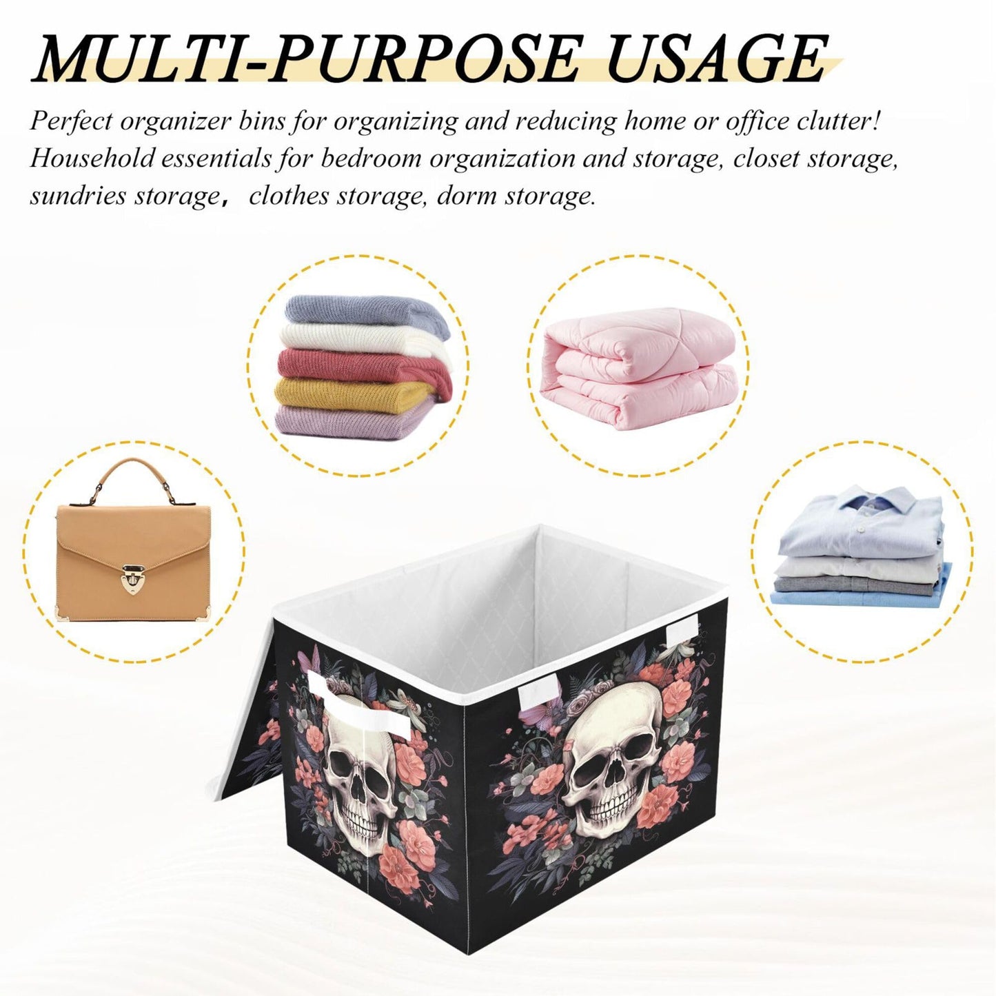 xigua Skull Storage Bins with Lids and Carrying Handle,Foldable Storage Boxes Organizer Containers Baskets Cube with Cover for Home Bedroom Closet Office