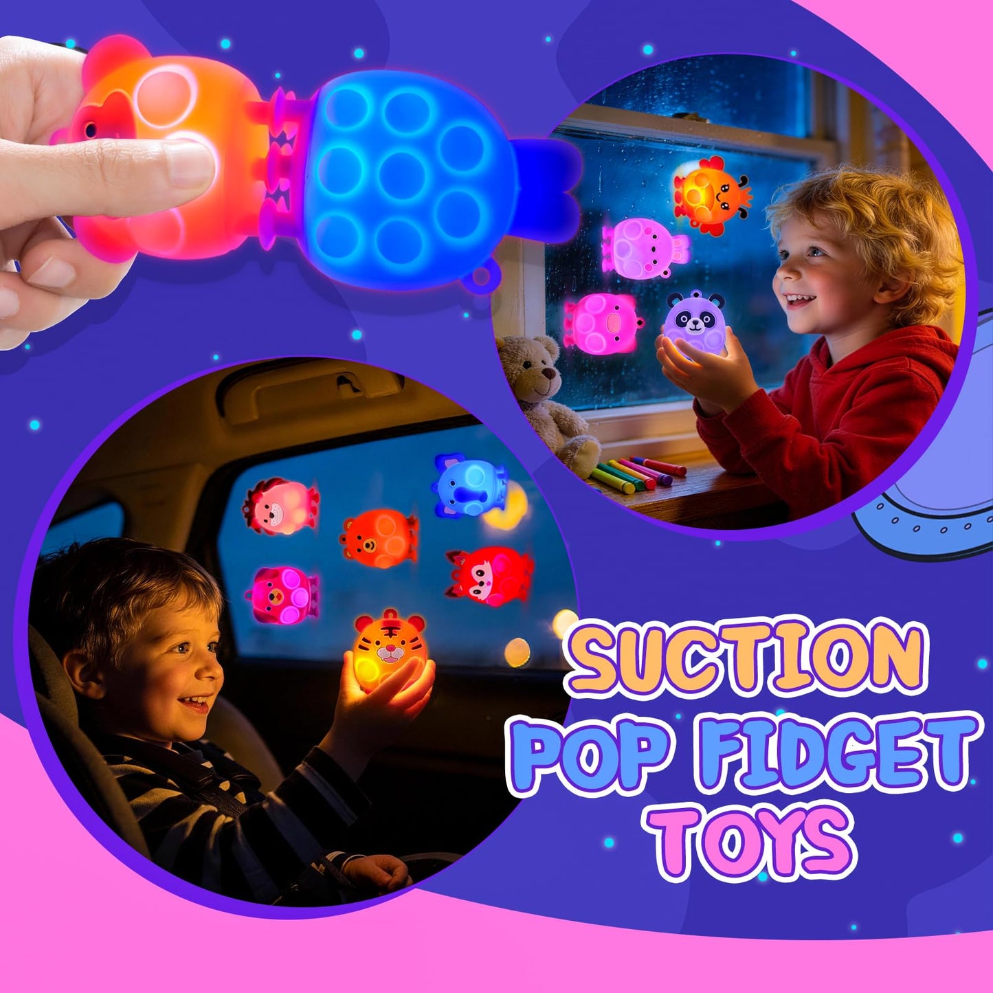 ChildFun Party Favors for Kids, 24 PCS Light UP 3D Animal Suction Pop Fidget Toys, Glow in The Dark Party Supplies, Goodie Bags Stuffers for Kids, Pinata Stuffers, Suction Toys for Toddler