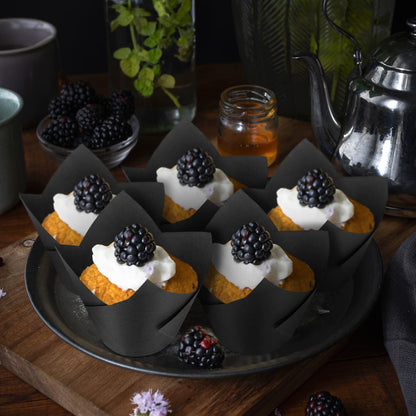 Funtery 400 Pcs Black Tulip Cupcake Liners for Baking Cups Standard Size Greaseproof Parchment Paper Tulip Muffin Liners Cupcake Wrappers for Weddings, Birthdays, Baby Showers, Parties(Black)