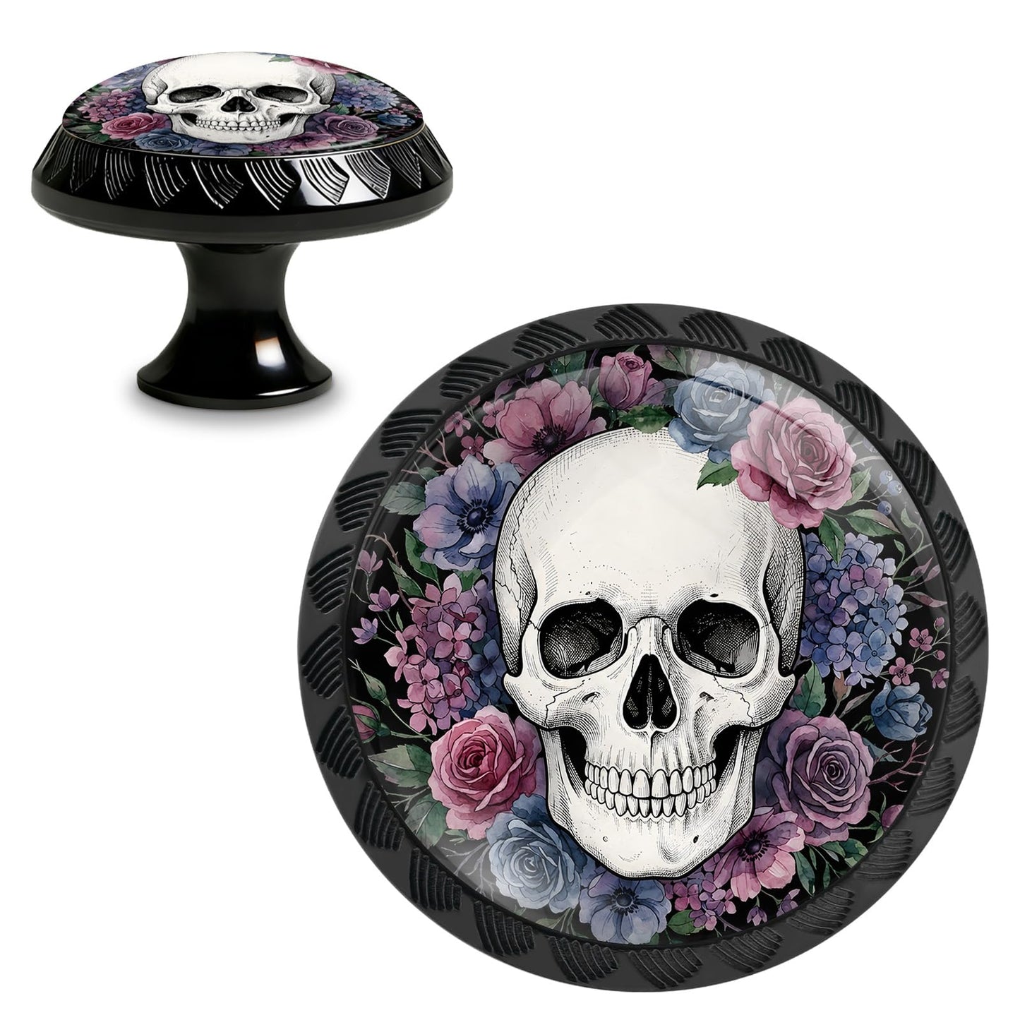 Yiruhe 4 Pack Gothic Floral Skull Cabinet Knobs Pulls, Acrylic Round Drawer Dresser Knob for Home Dresser Kitchen Wardrobe Cupboard Door Handles