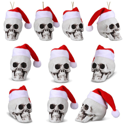 Lenwen 24 Pcs Mini Hanging Skull Heads Santa Hat Halloween Skeleton Head Tree Ornament Decorations for Holiday Party Xmas Tree Decor(3.15 Inch)