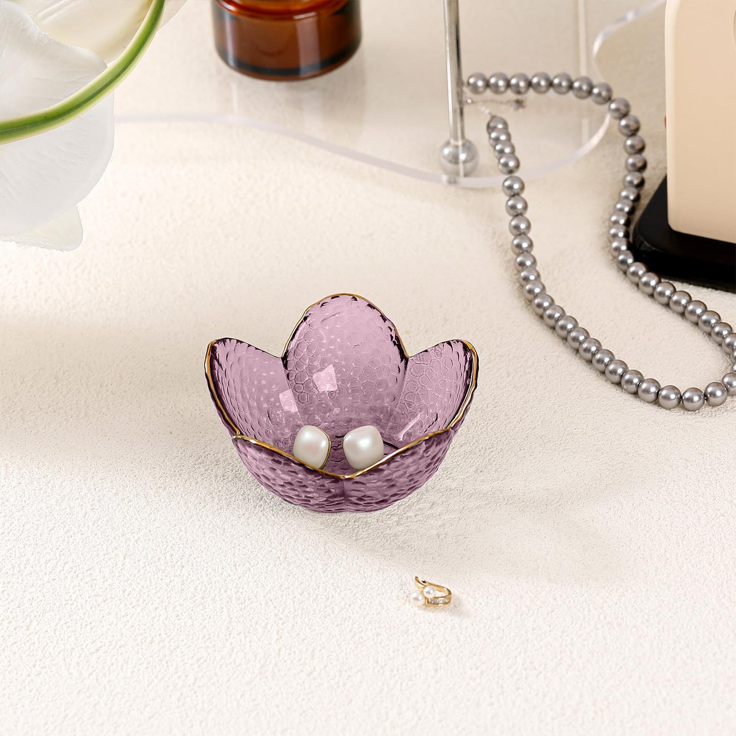 Purple Flower Jewelry Dish Glass Ring Dish Jewelry Tray Cute Vanity Organiser Room Decor Aesthetic Nightstand Bathroom Decor Trinket Dish Ring Holder Valentine's Friendship Birthday Gifts for Women