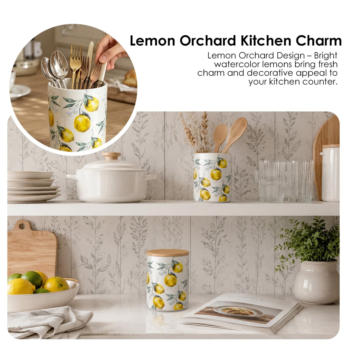 ODESUN Lemon Ceramic Utensil Holder with Bamboo Lid , 2-in-1 Countertop Utensil Crock & Storage Canister, Kitchen Utensil Holder for Countertop & Flatware Holder, French Country Kitchen Decor
