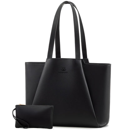 LOVEVOOK Work Tote Bags for Women - PU Leather Laptop Tote Bag for Women with Clutch, Large Capacity Office Purse Computer Briefcase for Casual Business Travel, Black