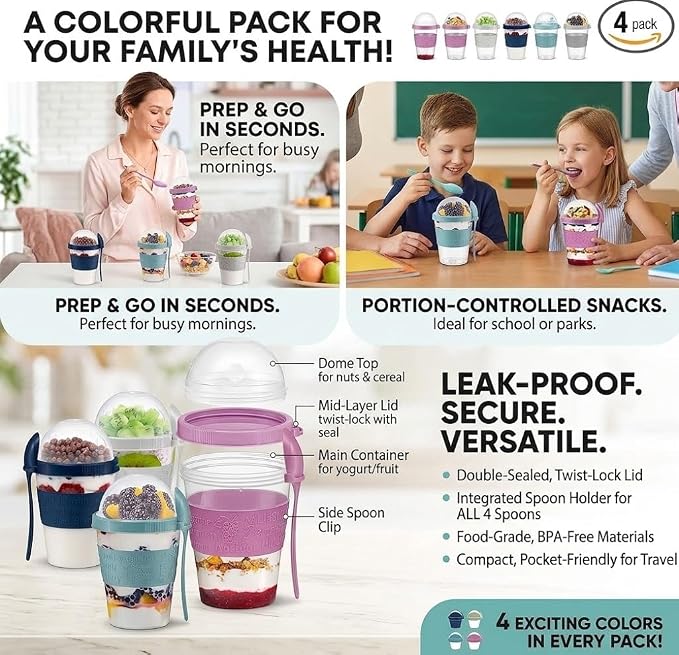 Salda 4 Pack 20 oz Breakfast On the Go Cups, Take and Go Yogurt Cup with Topping Cereal Cup with spoon, Overnight Oats or Oatmeal Container Jar, Colorful Set of 4