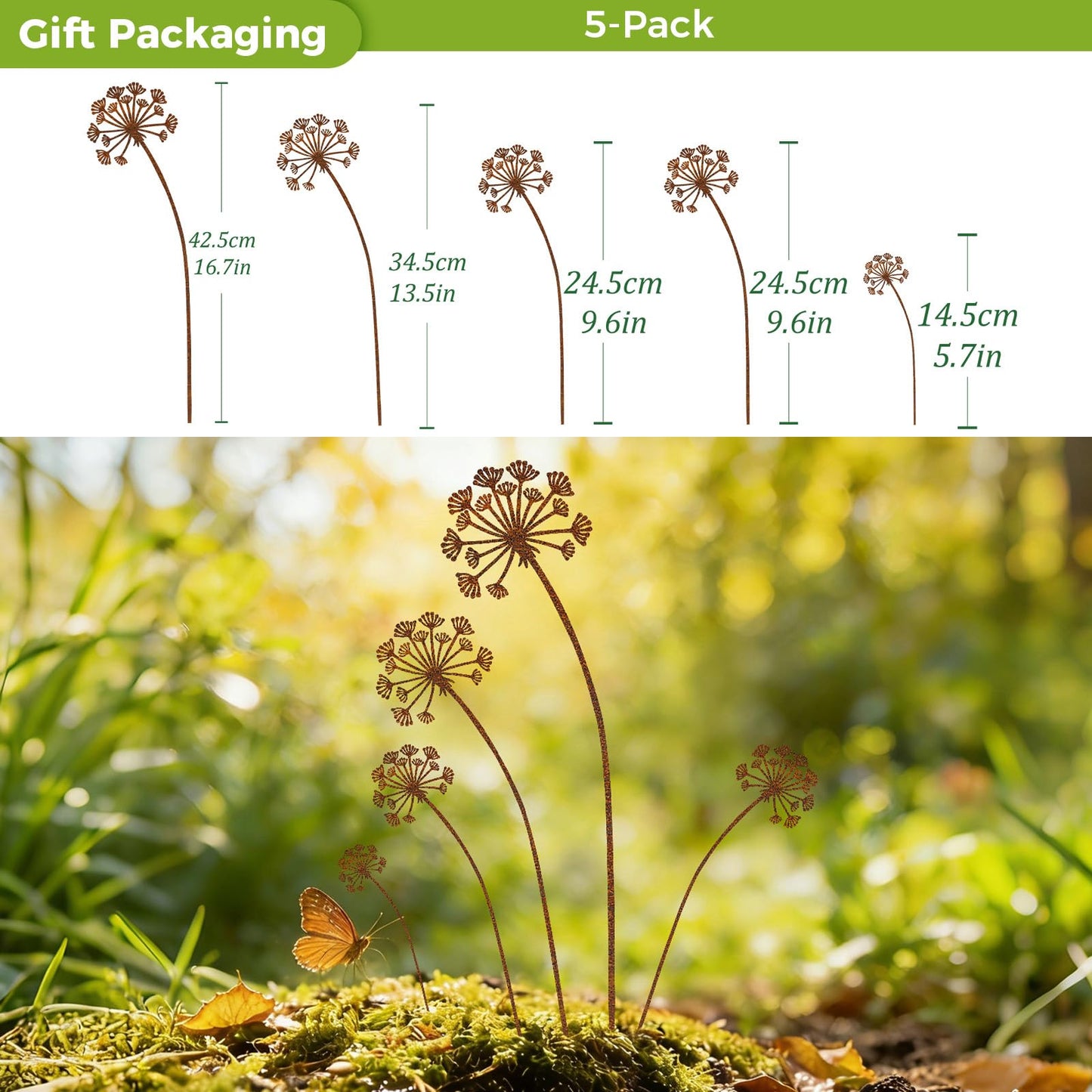 KODIBO 5-Pack Garden Stakes Decorative, Metal Dandelion Yard Stakes Outdoor Decor, Antique Rust Patina Yard Art, Rustic Garden Accents for Lawn, Border, Planters, Patio & Front Yard Landscaping