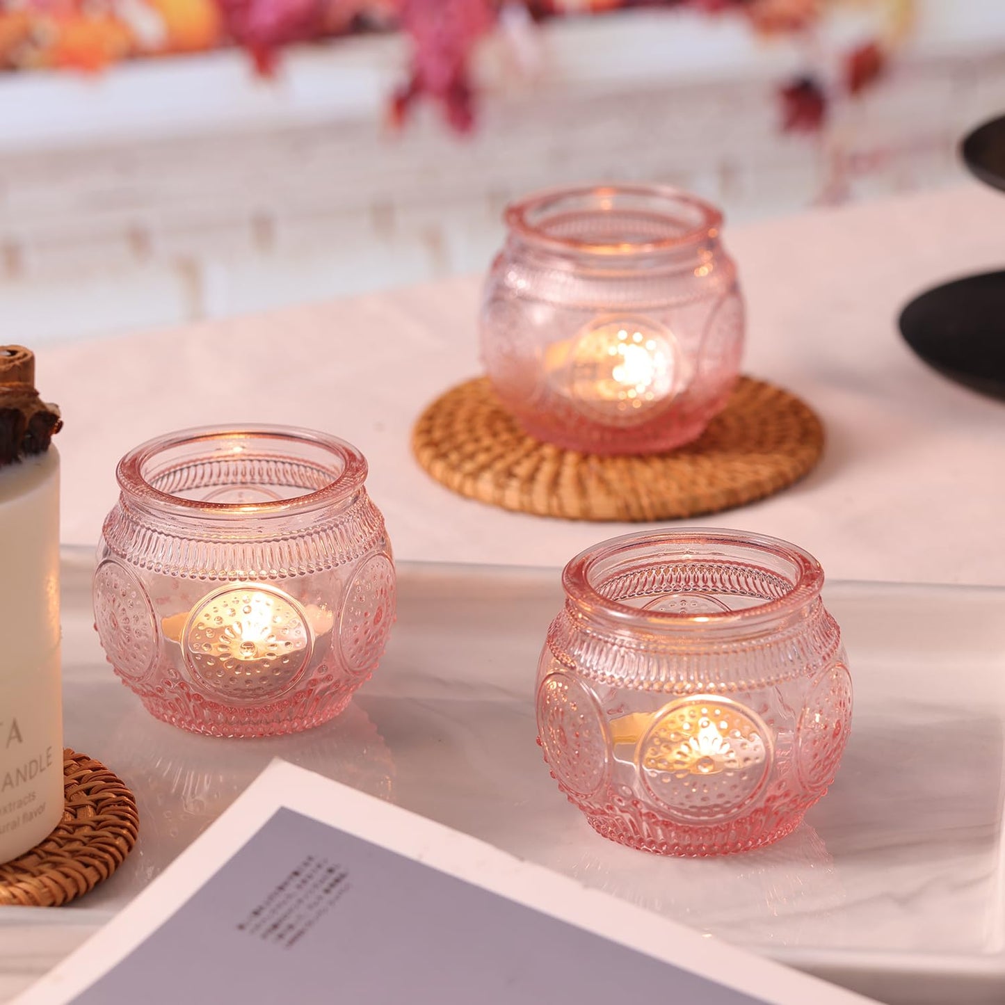 LAMORGIFT 24 Pcs Pink Candle Holder for Bridal Shower, Wedding Table Decorations- Floral Style Pink Votive Candle Holder, Centerpieces for Birthday, Engagement Party Decor