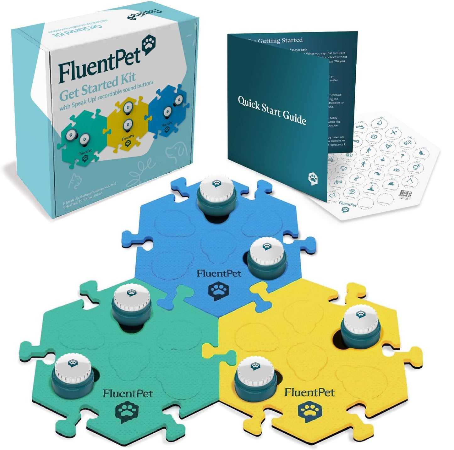 FluentPet Speak Up! Get Started Kit with Clearer Upward-Facing Sound | 6 Recordable Buttons w/Pre-Installed Batteries & 3 HexTile Button Mats | Training Dog & Cat Communication Buttons
