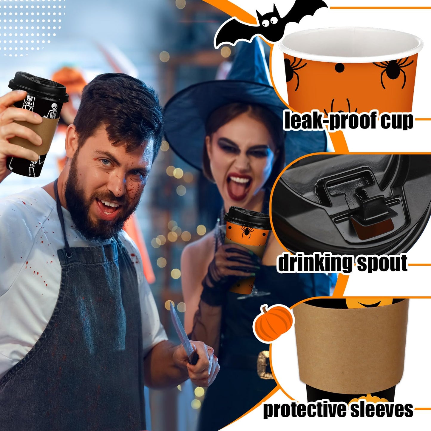 Sosation 90 Pcs/ 30 Sets Halloween Disposable Coffee Cups with Lids and Sleeves 16 oz Pumpkin Spider Skeleton Paper Cups for Hot Chocolate Beverage Tea Halloween Party Decoration