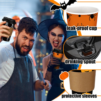 Sosation 90 Pcs/ 30 Sets Halloween Disposable Coffee Cups with Lids and Sleeves 16 oz Pumpkin Spider Skeleton Paper Cups for Hot Chocolate Beverage Tea Halloween Party Decoration