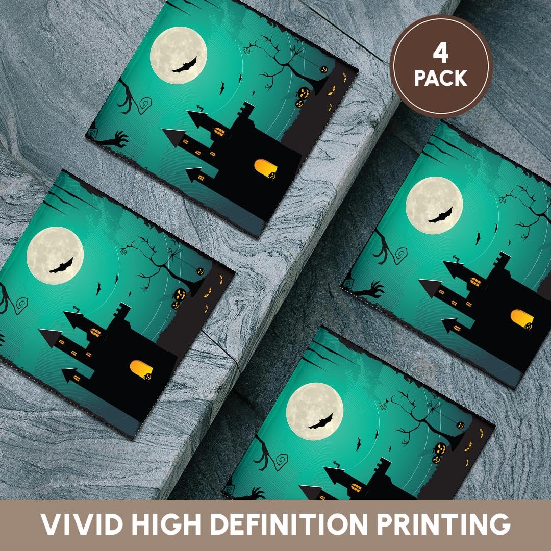 3dRose CST_152299_3 Halloween Haunted House with a Full Moon, Bats, and Pumpkins Ceramic Tile Coasters, Set of 4