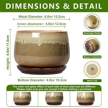 Fivepot Ceramic Pots for Plants - 6 Inch Plant Pot Indoor with Drainage and Saucer, Round Planters for Succulent Snake Plants, Decorative Flower Pot, Home Decor, Plant Lover Gifts, Brown-Beige