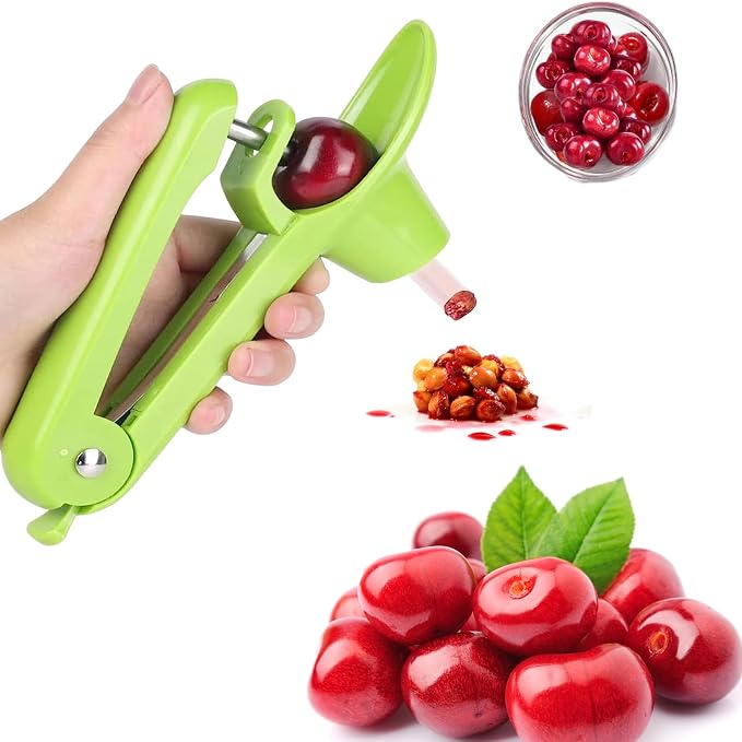Cherry Pitter Tool, Heavy-Duty Stainless Steel Pitting Tool, Portable Cherries Corer Stoner Seed Tool with Lock Design, Fruit Pit Remover for Cherry Jam (Green)
