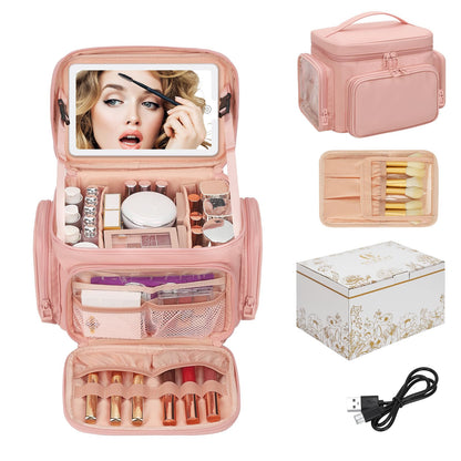 Large Makeup Bag with LED Mirror, Travel Makeup Bag Organizer for Women Girls with Makeup Brush Compartment & Two Side Pockets, 3 Color Lights Cosmetic Toiletry Bag- Leather Pink