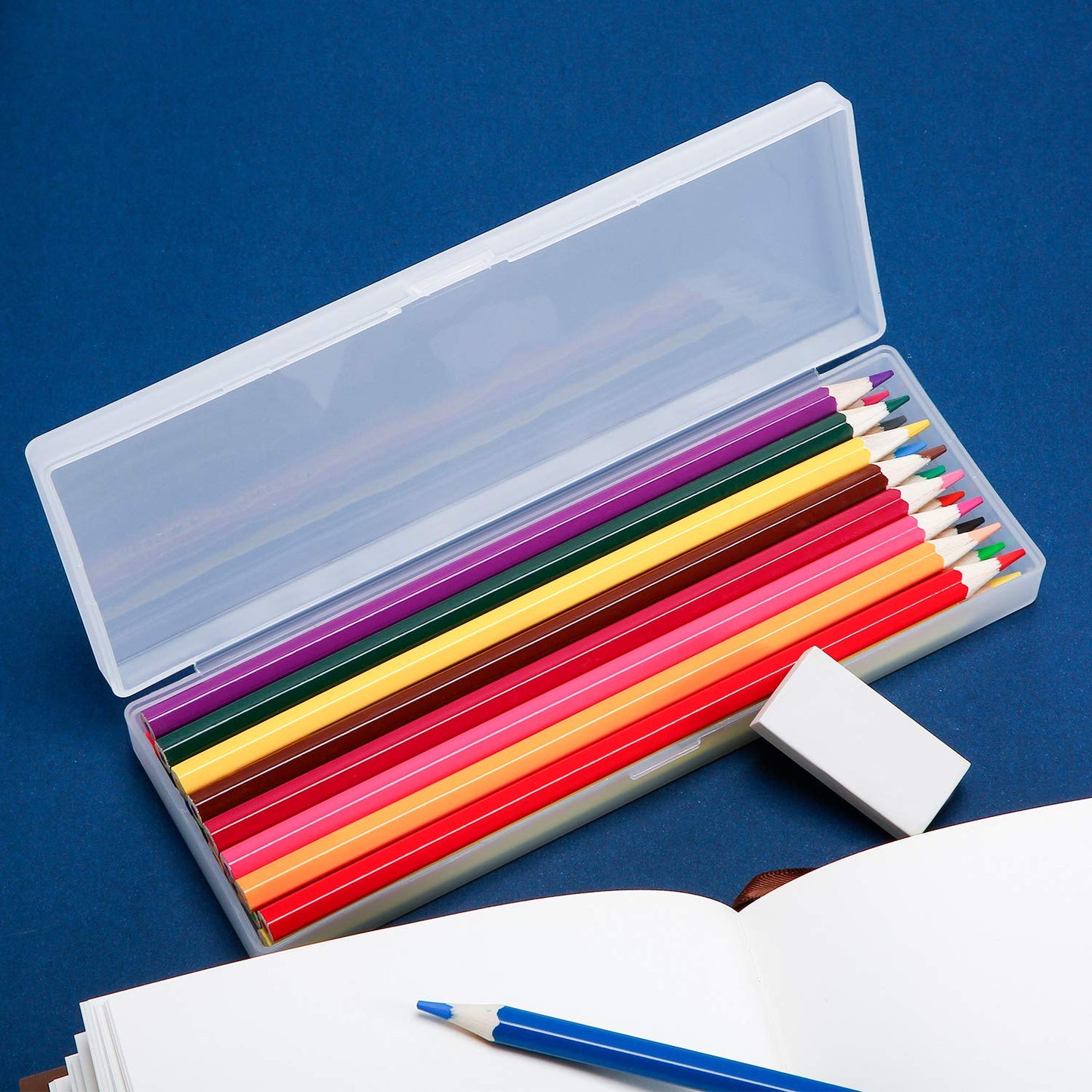 Chinco 4 Pieces Plastic Pencil Case Plastic Stationery Case with Hinged Lid and Snap Closure for Pencils, Pens, Drill Bits, Office Supplies (Black, Pink, White, Green)