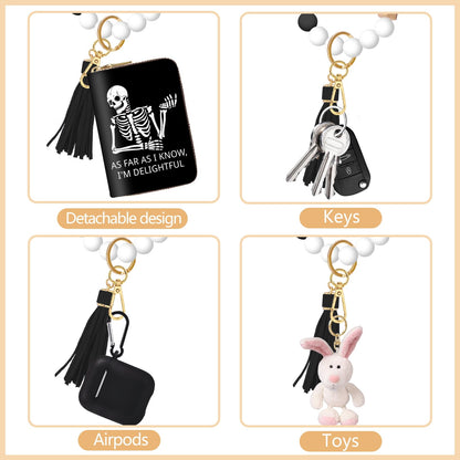 Yonlevres Skeleton Credit Card Holder Keychain Wristlet Bracelet Wallet Women, Gothic Skull Small Wallet Silicone Beaded, Funny Halloween Leather RFID Blocking Wallets Mini Card Case Accordion Gift