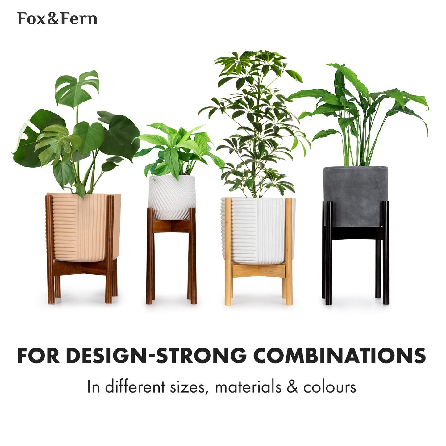 Fox & Fern Bamboo Plant Stand — 14.9 Inch Fixed Size Wooden Mid Century Planter Stand for Indoor Plants (Not Included) - Extra Large Flower Pot Holder for Indoor Big Pots - Plug In Design - Bamboo