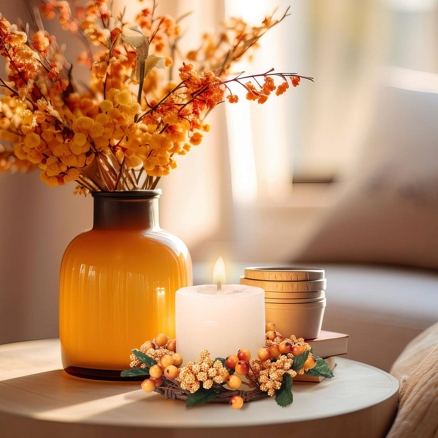 Suncalla 2 Pack Fall Candle Rings Wreath 6 with Artificial Berry Leaf Acorn Wreath for Mini Candle Rings Thanksgiving Fall Wedding Rustic Seasonal Decoration (Berry)