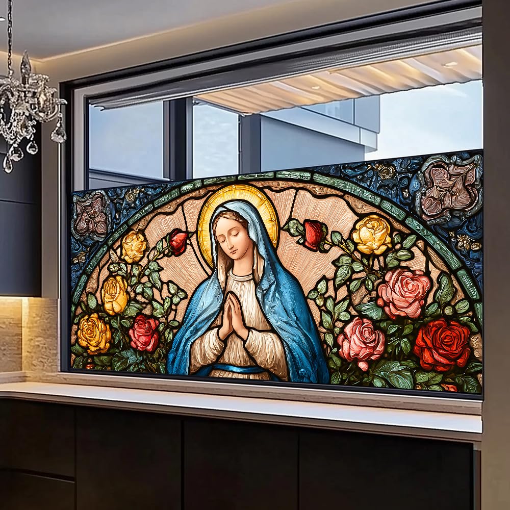 WDESYADMS Window Privacy Film 39x17 Inch Stained Glass Virgin Mary and Roses Design Peel and Stick Static Cling Decorative Window Film for Living Room Bedroom Glass Door