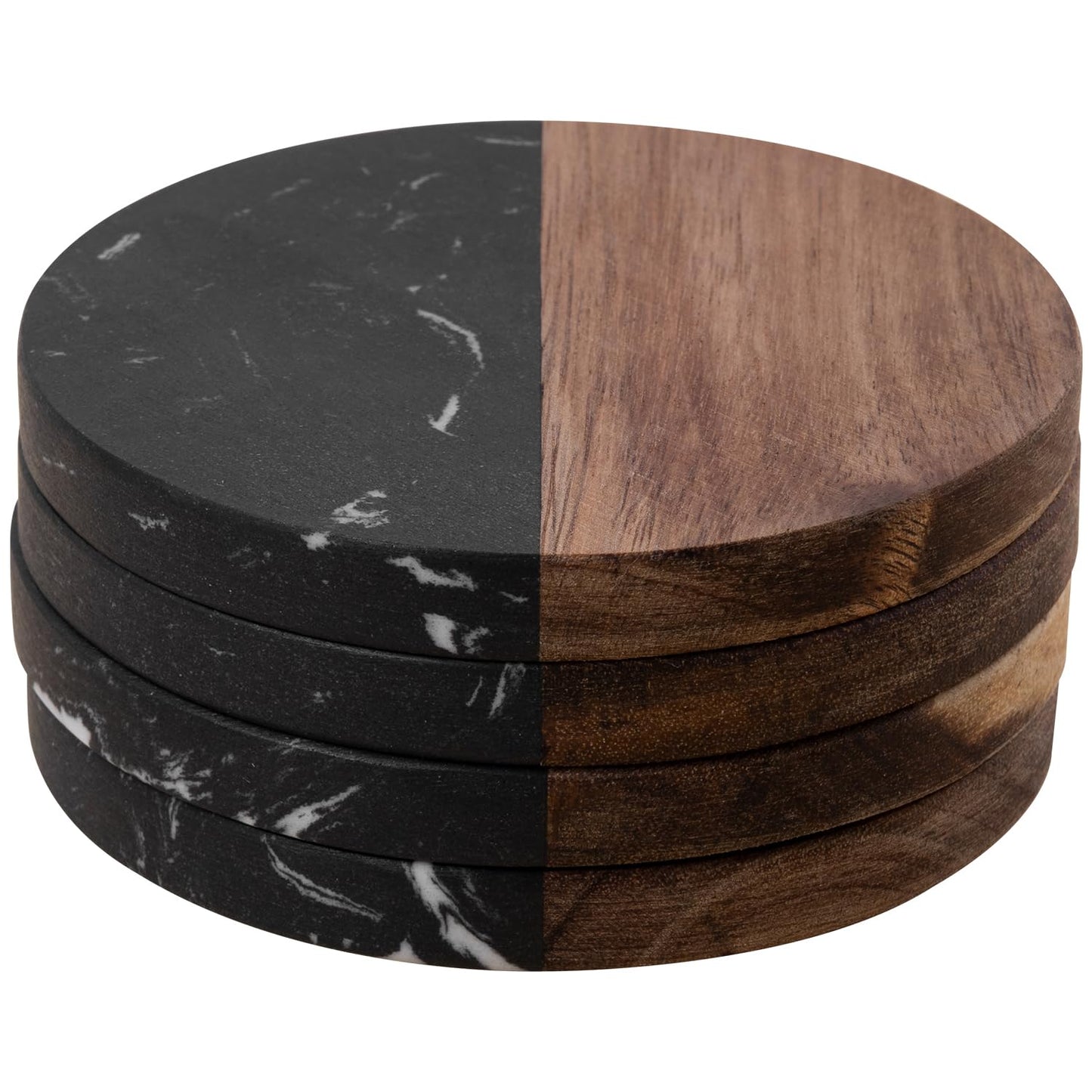 Marble Coasters: 4-Piece Set of Acacia Wood Marble Coasters, Suitable for Kitchens, Offices, and can be Used as Gifts (Black Round)