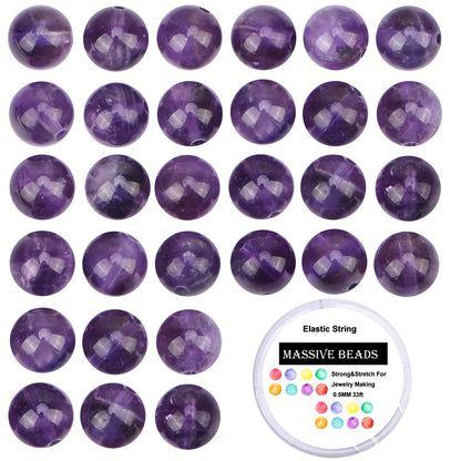 100Pcs Natural Crystal Beads Stone Gemstone Round Loose Energy Healing Beads with Free Crystal Stretch Cord for Jewelry Making (Amethyst, 8MM)