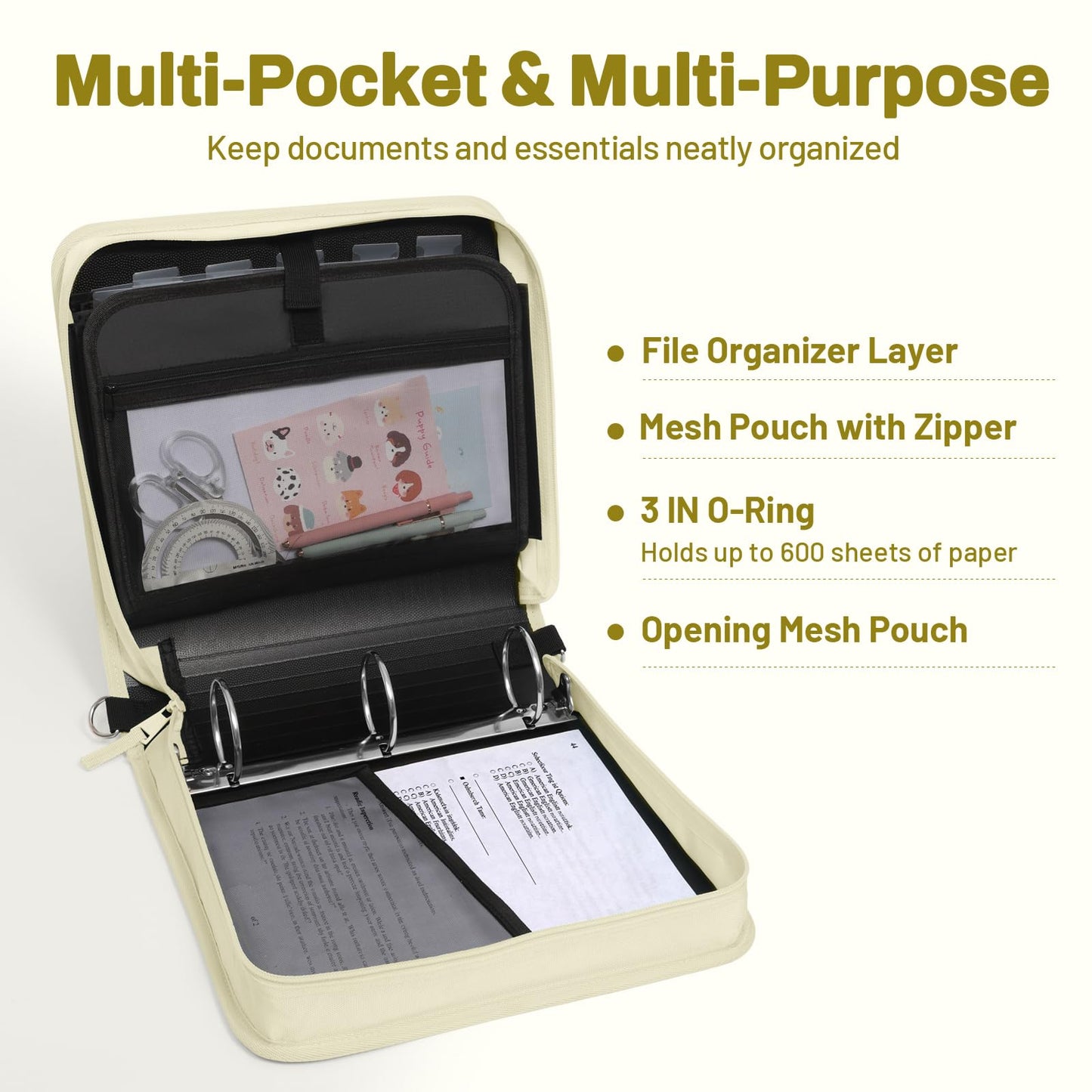 SUNEE Zipper Binder 3 Ring, 3 Inch O-Ring with Handle and Shoulder Strap, 600-Sheet Capacity, 5-Tab Expanding File Folder, Multi-Pockets for Middle School Organizer Binder with Zipper, Soft Beige