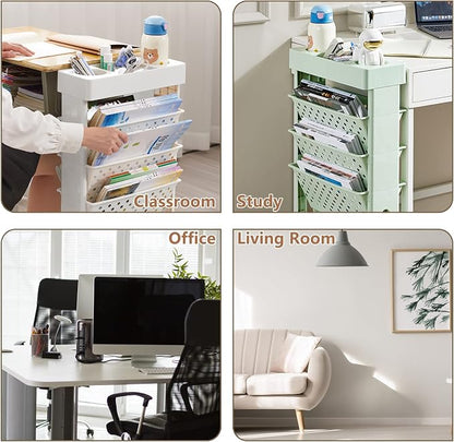 Rolling Office Paper Organizer, Mobile Book Cart Document Folder File Storage with Pen Holder, Slim Rolling Storage Cart Movable Bookshelf for Office, Dorm, Classroom, Nursery, Green