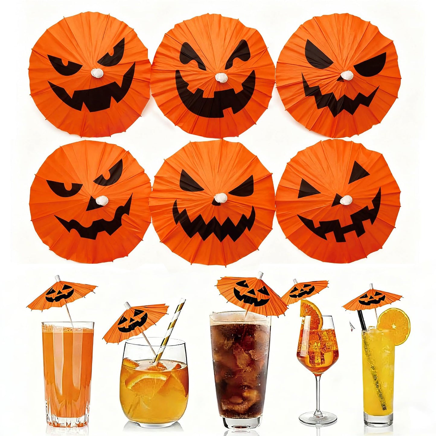 Whaline 120 Pcs Summer Halloween Cocktail Umbrella Drink Picks Orange Black Pumpkin Drink Umbrellas for Beverage Fruit Cupcake Topper Decorations