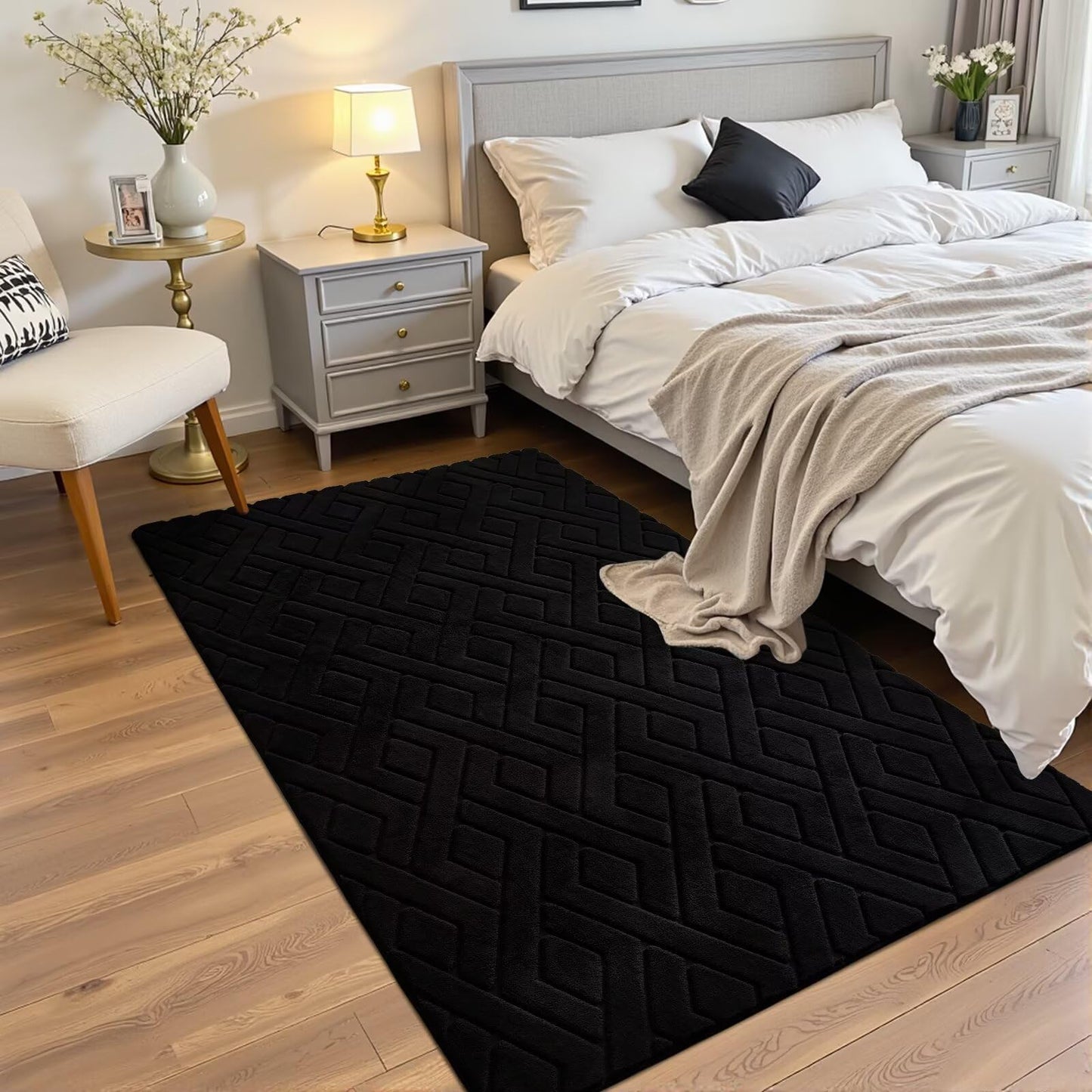 Flagover 4x6 Black Washable Area Rug for Bedroom, Modern Geometric Shag Non-Slip Living Room Rugs, Fluffy Plush Soft Memory Foam Carpet for Kids Boys Room Nursery Room Dorm Bedside Decor