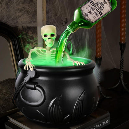 Halloween Decorations Indoor - Skeleton Cauldron Running Water Decor with Magic Floating Potion Bottles and Diffuser - Black Plastic Witches Bowl Summerween Decoration for Spooky Home Table (Set)