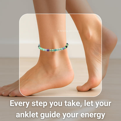 Amazing Gemstone Multi Fluorite Anklet Ankle Bracelets for Women - Waterproof Beaded Healing Crystal Anklets, Plus Size Chakra Gemstone Bead Anklet (Stretchy Adjustable - Plain)