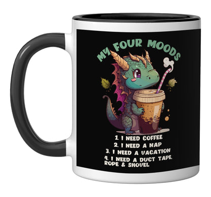My Four Moods Dragon Tshirt I Need Coffee I Need A Nap Ceramic Mug, Black/White