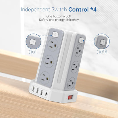 Power Strip Surge Protector, 10 Ft Extension Cord with 12 AC Multiple Outlets 4 USB (1 USB C), SMALLRT Power Tower Desktop Charging Station (White, 16.4 FT)