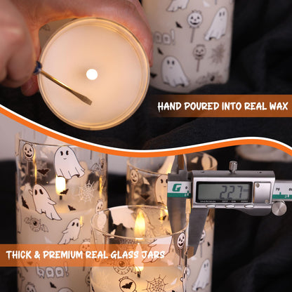 Girimax Glass Flameless Pillar Candles with Remote, Halloween Flickering LED Wax Candles Battery Powered Set of 3