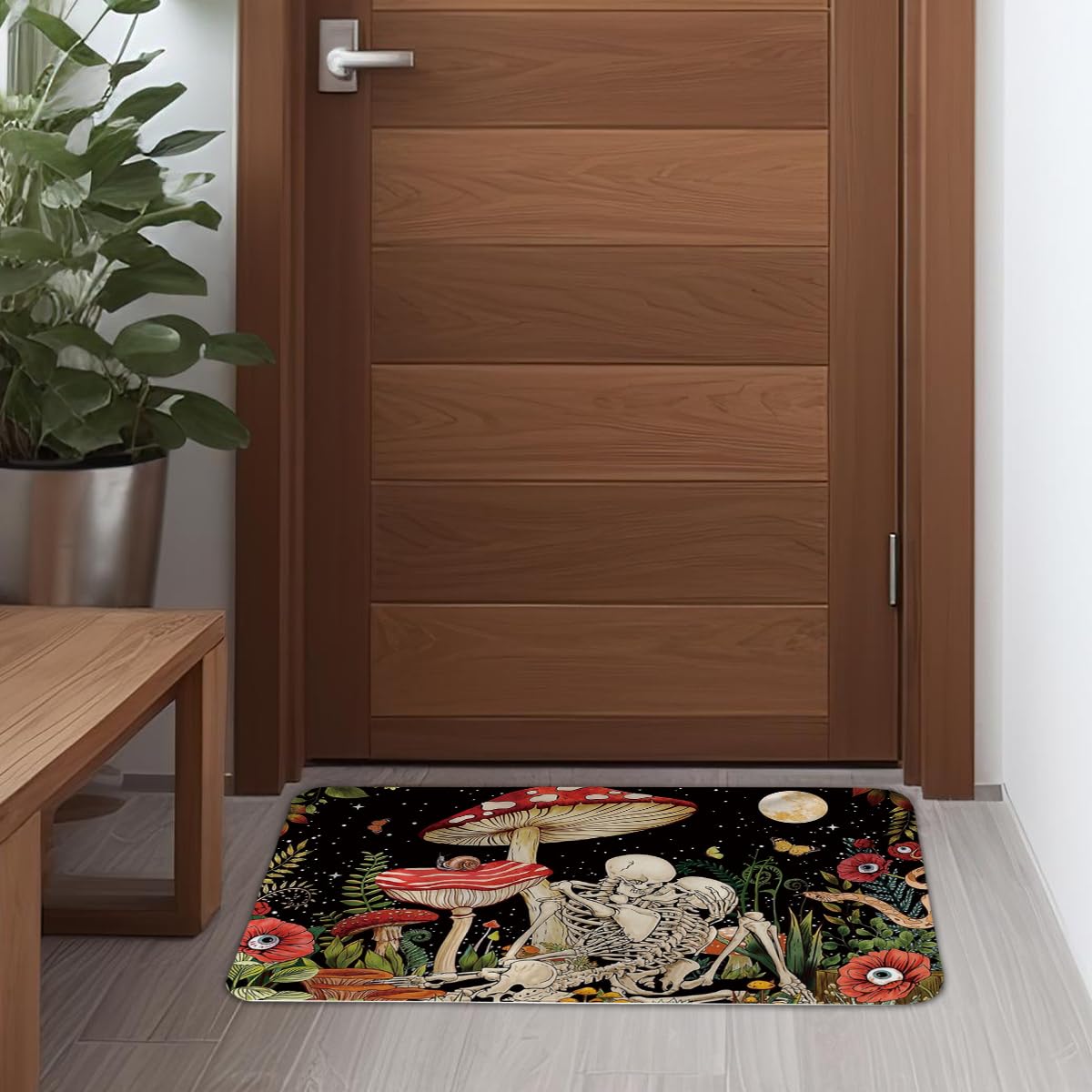 EXUQO Hippie Skeleton Door Mat,Groovy Mushroom Skull Welcome Mat Indoor Entrance for Home Living Room Bedroom Bars Cafe Porch,28x18 Inch
