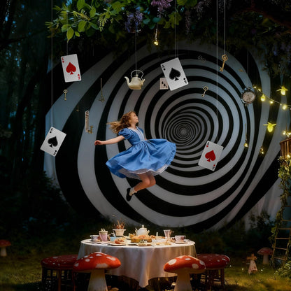Preboun 6 x 5 ft Wonderland Party Decorations Wonderland Photo Backdrop Fairy Swirl Background for Birthday Baby Shower Tea Party Photo Props(Black, White)