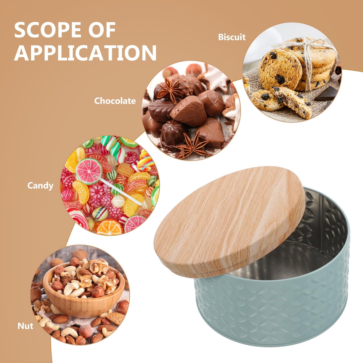 Lurrose Small Round Cookie Tins with Wood Lids Airtight, 6"D x 8"H Metal Cookie Jar, Small Empty Biscuit Tin Tinplate, Foods Storage Container Tin for Candy Cookies, Tea Canister(Blue)
