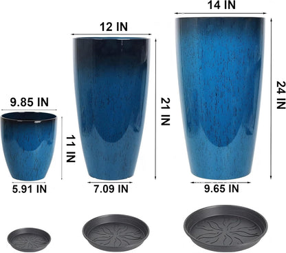 MinCHI257 24,21,11 Inch Large Plastic Planters with Drainage Hole and Saucer - Set of 3 Tall Plant Pots Indoor Flower Pot Tall Round Planters Outdoor Large Tall Planter