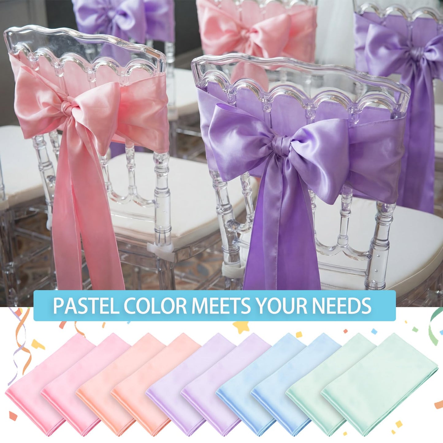 Tegeme Pastel Chair Sashes Bows Satins Soft Chair Ribbon Sashes Wedding Aisle Church Bows Decor for Wedding Banquet Party Easter Garden Events Decoration (10 Pcs,7" X 108")