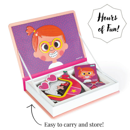 Janod MagnetiBook 66 pc Magnetic Girl Crazy Face Dress Up Game - Ages 3+ - Creative Play - Enhances Creativity and Learning - Includes 55 Magnetic Pieces and 10 Cards