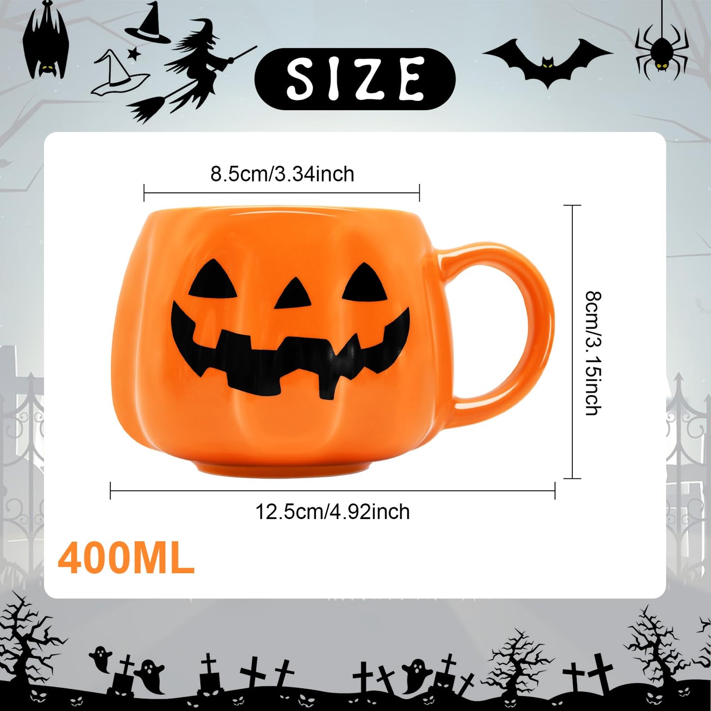Peclek 12 oz Halloween Pumpkin Mug, Ceramic Cute Pumpkin Coffee Cup, Black Face