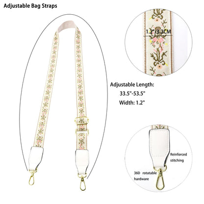 Purse Strap - Retro Ethnic Embroidery Adjustable Shoulder Straps for Women, 1.2" Width, 53.5" Longth Silver Hook Bohemian Style Crossbody Bag Strap