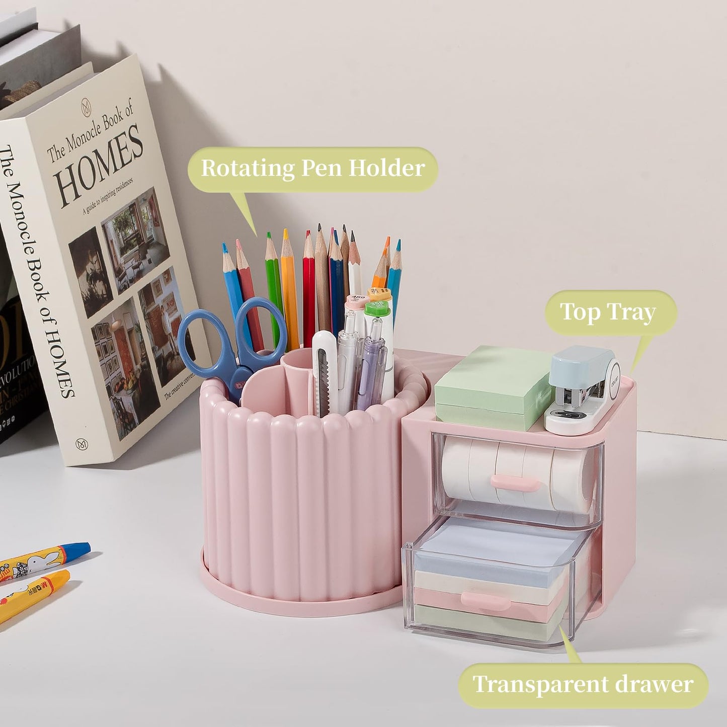 Anyoifax 360° Rotating Pen Holder 7 Slots Desk Organizer with Drawer Removable Pencil Cup Plastic Art Supplies and Accessories Desktop Storage Box Caddy for Office, School, Home (Pink)